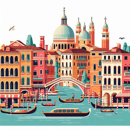 Venice, Italy. Gondolas on the Grand Canal. Vector illustrationのイラスト素材