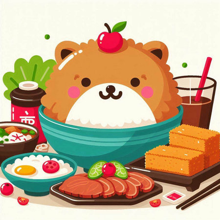 Illustration of a Cute Bear Eating Japanese Food in a Bowlのイラスト素材