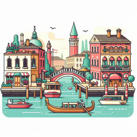 Venice with gondolas on the canal. Vector illustration.のイラスト素材