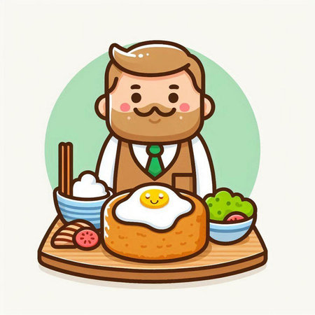 chef with bread and fried egg on wooden plate vector illustration designのイラスト素材
