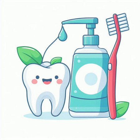 Cute cartoon tooth with toothbrush and toothpaste. Vector illustration.のイラスト素材