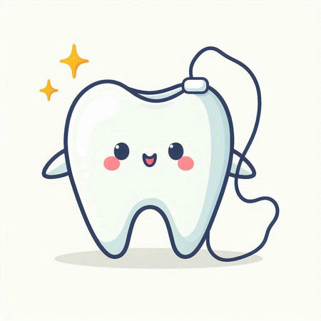 Cute tooth with dental floss. Vector cartoon character illustration.のイラスト素材