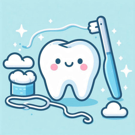 Cute cartoon tooth with toothbrush and toothpaste on blue backgroundのイラスト素材