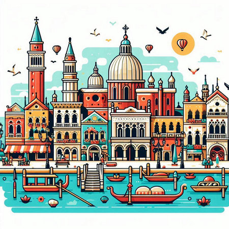 Venice, Italy. Vector illustration with gondolas, boats and historic buildings.のイラスト素材