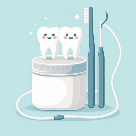 Tooth with toothbrush and dental floss. Vector illustration.のイラスト素材