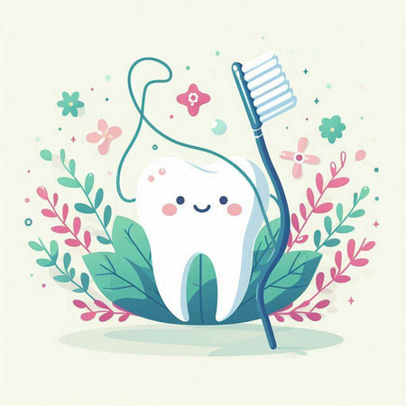 Cute cartoon tooth with toothbrush and leaves. Vector illustration.のイラスト素材