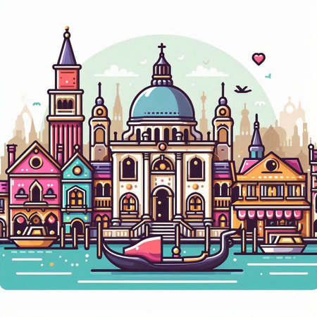 Venice cityscape with gondola and church, vector illustrationのイラスト素材