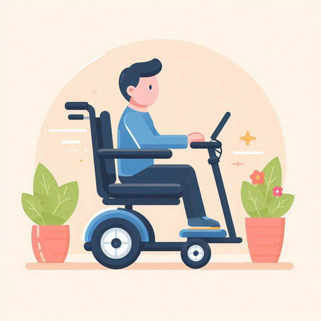 Young man in a wheelchair. Vector illustration in flat cartoon style.のイラスト素材