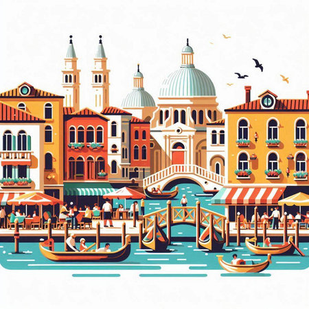 Venice, Italy vector illustration with gondolas and canals.のイラスト素材