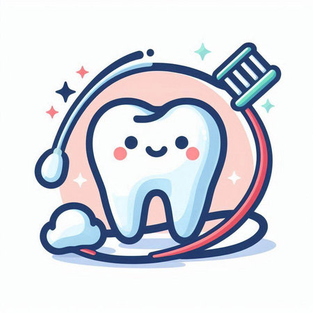 Cute cartoon tooth with toothbrush and toothpaste. Vector illustration.のイラスト素材