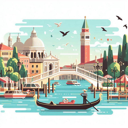 Venice, Italy vector illustration. Venice postcard with gondola, San Giorgio di Maggiore church and bridgeのイラスト素材