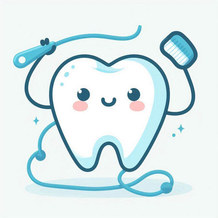 Cute cartoon tooth character with toothbrush and toothpaste. Vector illustration.のイラスト素材