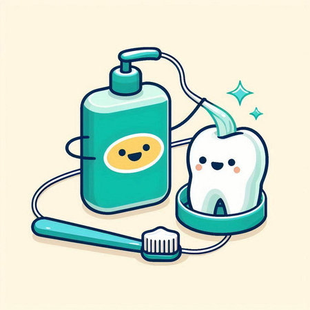 Cute cartoon tooth with toothpaste and toothbrush. Vector illustration.のイラスト素材