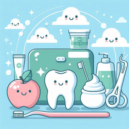 Cute cartoon tooth with toothpaste, toothbrush, toothpaste, toothpaste, toothpaste, toothbrush and apple. Vector illustration.のイラスト素材
