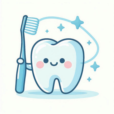 Cute tooth with toothbrush and toothpaste. Vector illustration.のイラスト素材