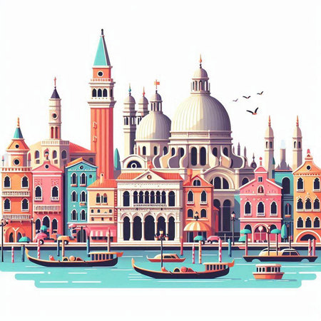 Venice skyline with gondolas. Italy. Vector illustration.のイラスト素材