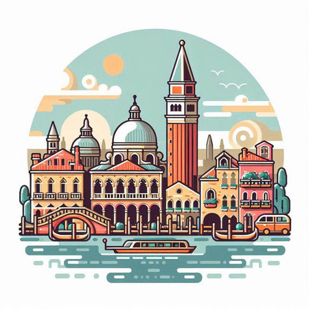 Venice, Italy. Colorful hand drawn vector illustration in vintage style.のイラスト素材