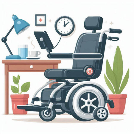Disabled person in a wheelchair working at home. Vector illustration.のイラスト素材