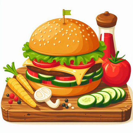 Hamburger with vegetables on wooden board. Vector illustration of hamburger with vegetables.のイラスト素材