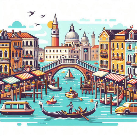 Venice, Italy. Vector illustration of Venice with gondolas and boats.のイラスト素材