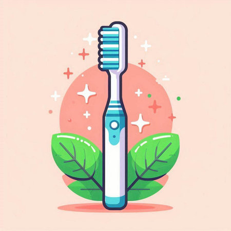 Electric toothbrush with green leaves. Vector illustration in flat style.のイラスト素材