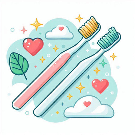 Toothbrushes with toothpaste and hearts. Vector illustration.のイラスト素材