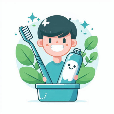 Cute cartoon boy with toothbrush and toothpaste. Vector illustrationのイラスト素材
