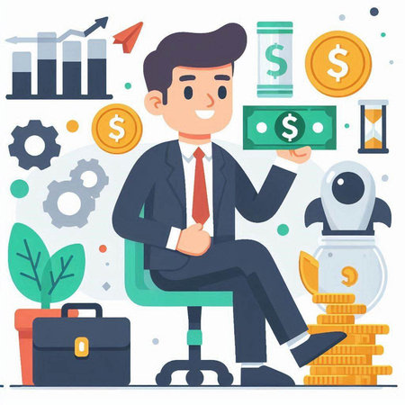 Businessman sitting on a chair with money and business icons, vector illustrationのイラスト素材