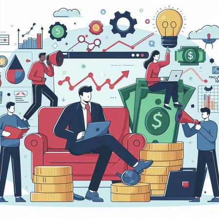 Business people working on laptop and earning money. Flat vector illustration.のイラスト素材