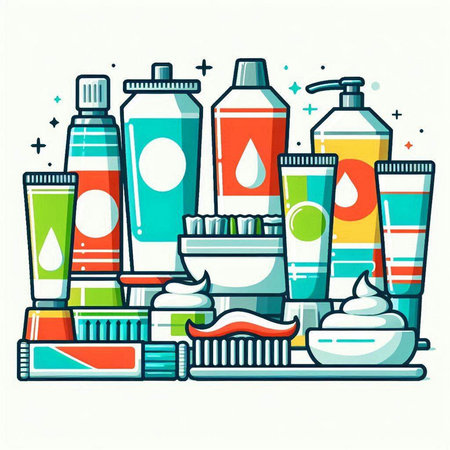 Vector illustration of toothpaste, toothbrush, toothpaste, toothpaste, toothpaste, cream, toothpaste. Flat style.のイラスト素材
