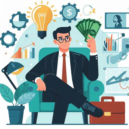 Businessman sitting in armchair with money and lamp. Vector illustrationのイラスト素材