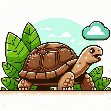 Cartoon tortoise on the background of green leaves. Vector illustrationのイラスト素材