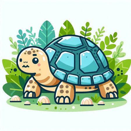 Cute cartoon turtle. Vector illustration of a tortoise on a green background.のイラスト素材