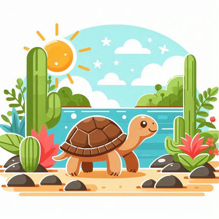 Turtle on the beach with cacti. Vector illustration.のイラスト素材