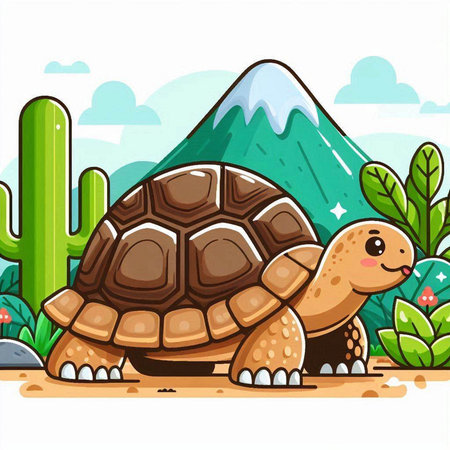 Turtle in the desert with mountains and cactus. Vector illustrationのイラスト素材