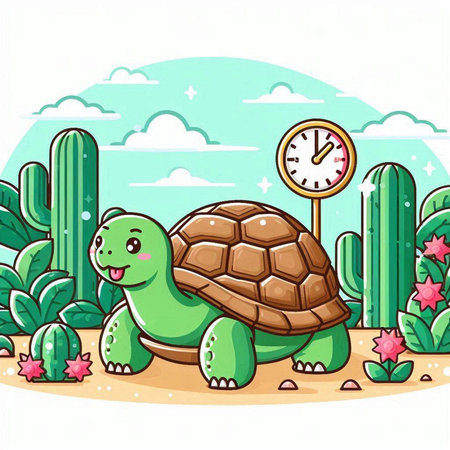 Cute Cartoon Tortoise with Clock and Cactuses Vector Illustrationのイラスト素材