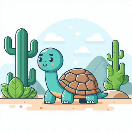 Cute cartoon turtle in the desert with cactus. Vector illustration.のイラスト素材