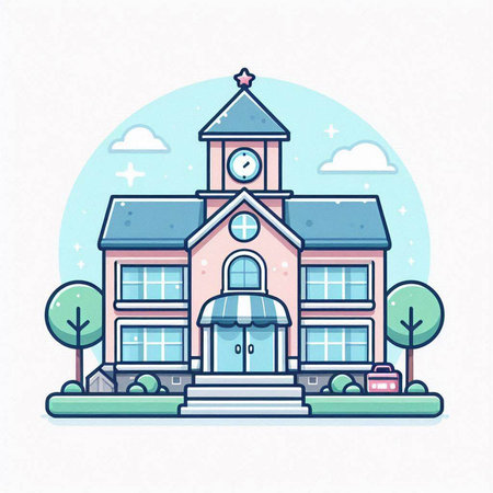 Vector illustration of a school building in a flat style. Education concept.のイラスト素材