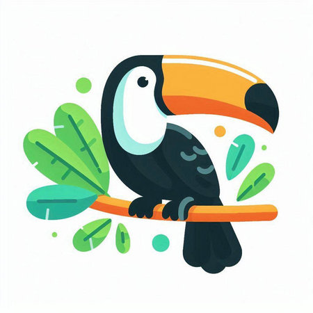 Cute cartoon toucan on branch with leaves. Vector illustration.のイラスト素材