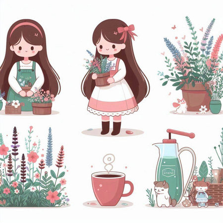 Set of vector illustrations with cute cartoon girl and flowers in pots.のイラスト素材