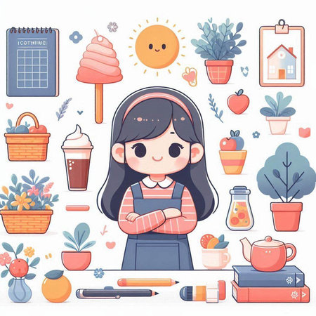 Cute cartoon girl with various school supplies. Back to school. Vector illustration.のイラスト素材
