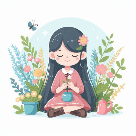 Cute little girl sitting with a pot of flowers. Vector illustration.のイラスト素材