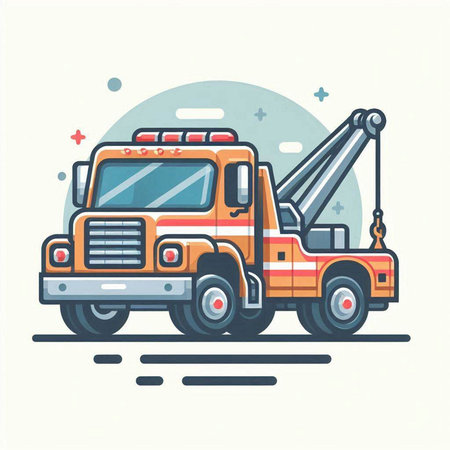 Vector illustration of a red firetruck with a crane. Flat style.のイラスト素材