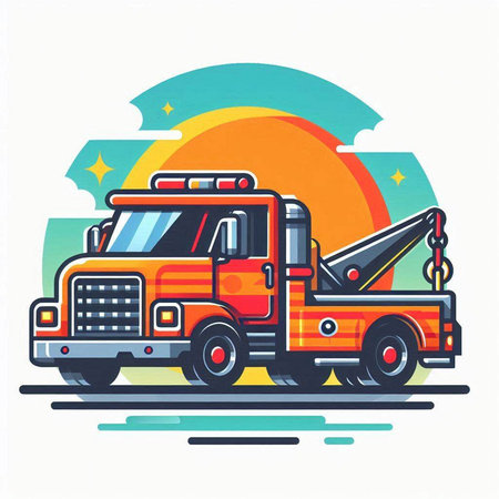 Tow truck icon. Vector illustration of a tow truck on the road.のイラスト素材