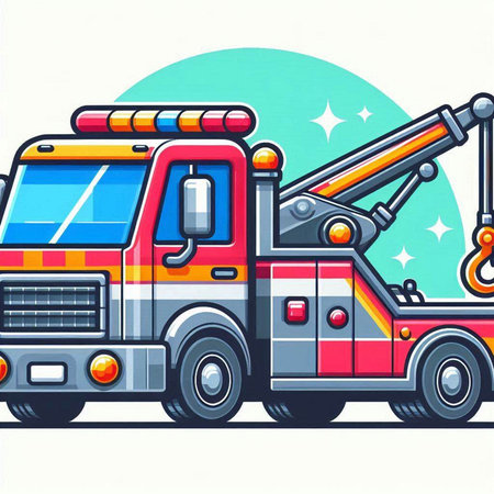 Cartoon illustration of a tow truck with a crane. Vector illustration.のイラスト素材