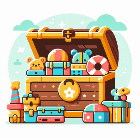 Wooden treasure chest with toys. Vector illustration in cartoon style.のイラスト素材