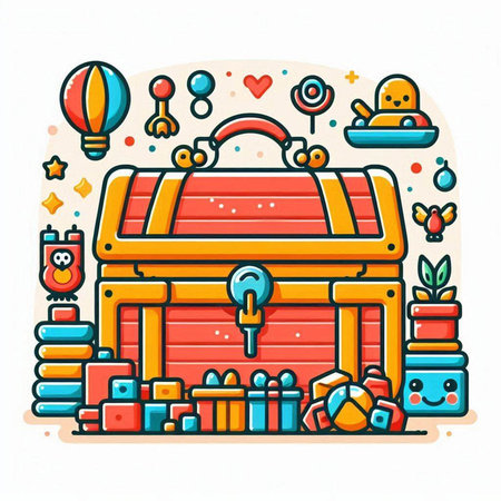 Colorful vector illustration of a chest filled with gifts and toys.のイラスト素材