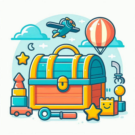 Treasure chest and airplane. Vector illustration in flat cartoon style.のイラスト素材