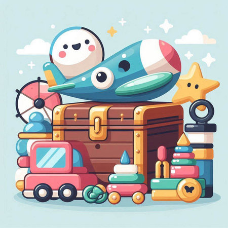 Vector illustration of a cute cartoon plane with a suitcase and toys.のイラスト素材