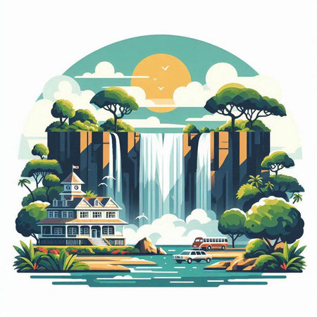 Vector illustration of a beautiful waterfall with a house on the island.のイラスト素材